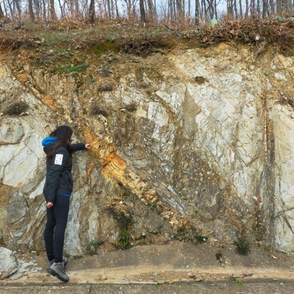 Persona señalando una roca con minerales en un entorno natural