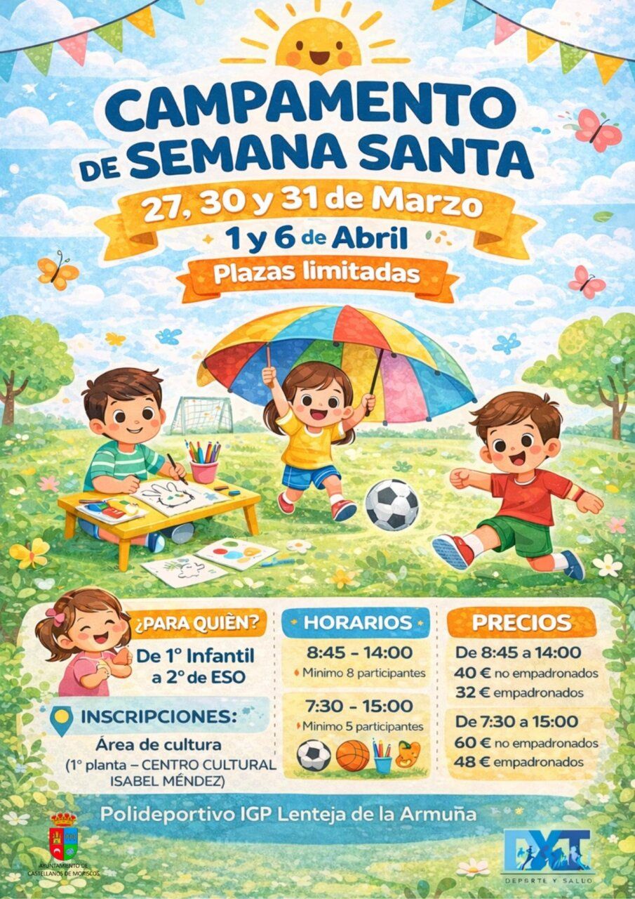 Cartel del campamento de Semana Santa en Castellanos de Moriscos con niños jugando