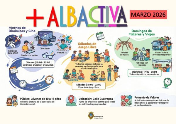 Cartel de actividades para jóvenes en Alba Activa con horarios y actividades