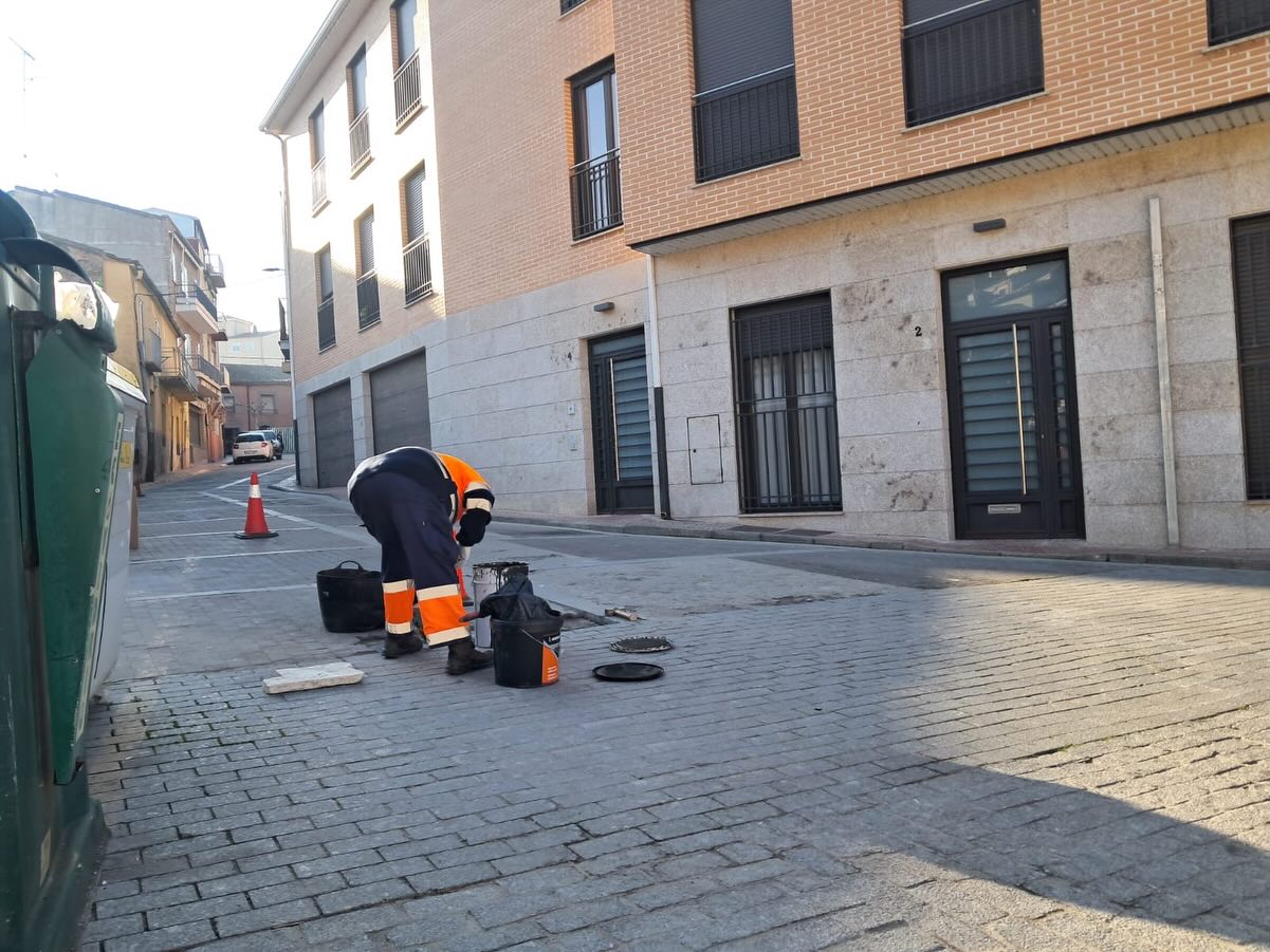 Trabajador realizando tareas de mantenimiento en la calle de Alba de Tormes