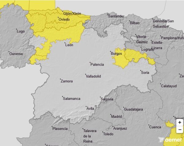Mapa de Castilla y León con avisos meteorológicos por nieve y lluvias