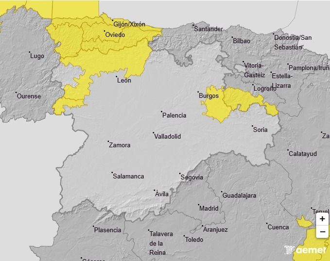 Mapa de Castilla y León con avisos meteorológicos por nieve y lluvias