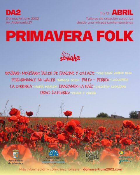 Cartel del evento Primavera Folk en el DA2 con flores rojas