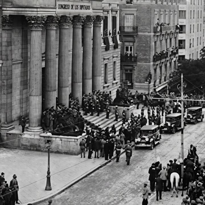 Vista del Congreso de los Diputados durante un evento histórico en la Segunda República Española.