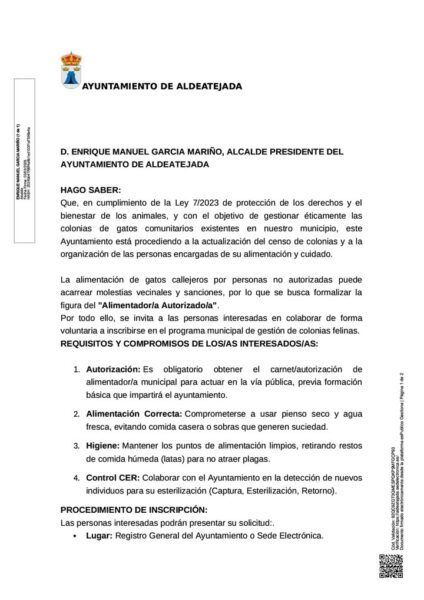 Bando del Ayuntamiento sobre gestión de colonias felinas en Aldeatejada