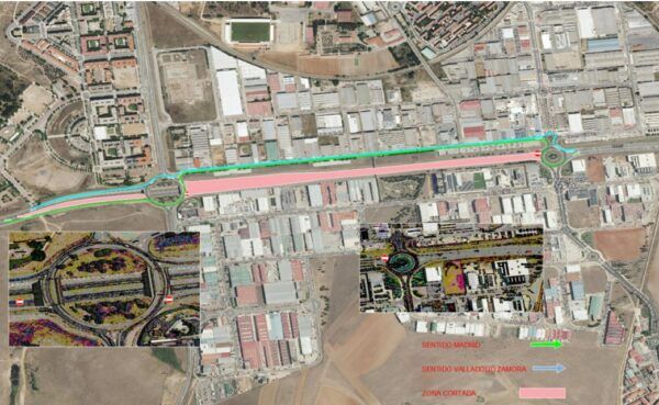 Mapa de cortes de tráfico en Carbajosa de la Sagrada por nueva pasarela peatonal