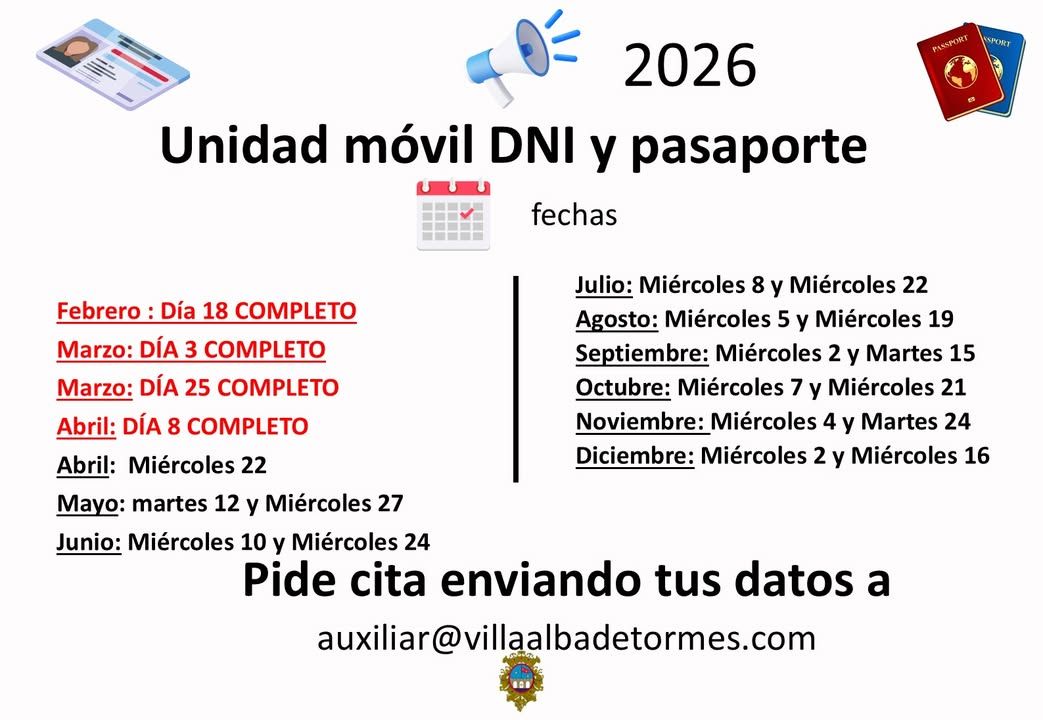 Calendario con fechas para renovar DNI y pasaporte en 2026