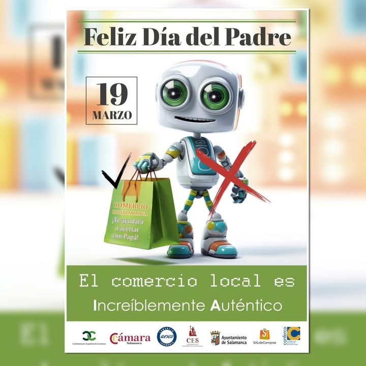 Cartel del Día del Padre con un robot y una bolsa de compras