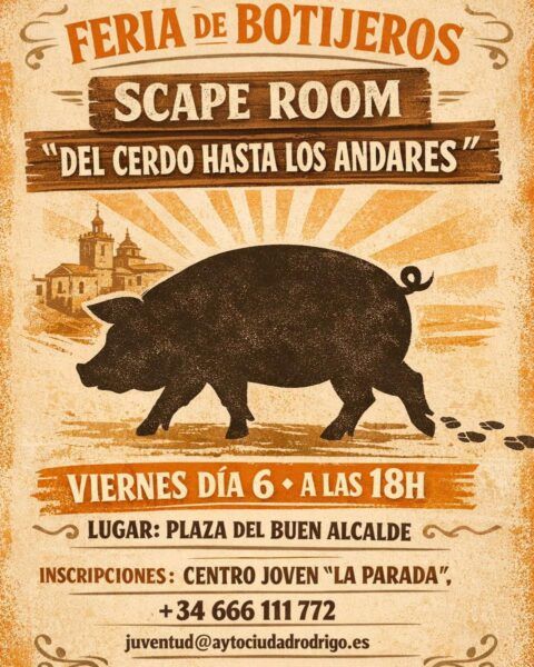 Cartel de la Feria de Botijeros con un cerdo y detalles del evento.