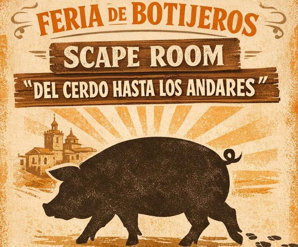 Cartel de la Feria de Botijeros con información sobre un escape room infantil.