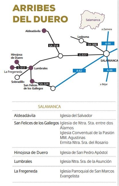 Mapa de los Arribes del Duero con iglesias y localidades en Salamanca
