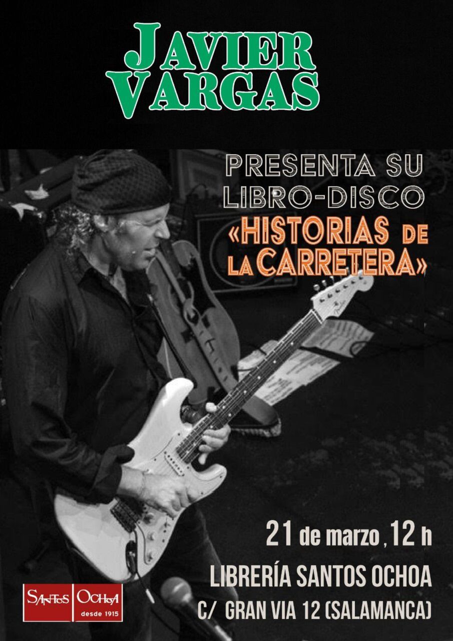 Javier Vargas tocando la guitarra en un evento de presentación de su libro.