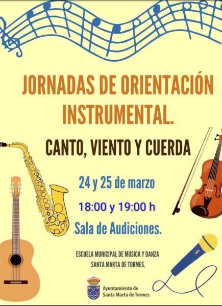 Cartel de jornadas de orientación musical con instrumentos de viento y cuerda