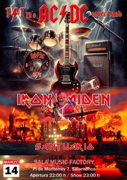 Cartel del evento con bandas AC/DC e Iron Maiden en Salamanca