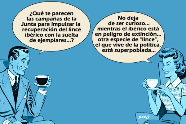 Ilustración de dos personas conversando sobre el lince ibérico.