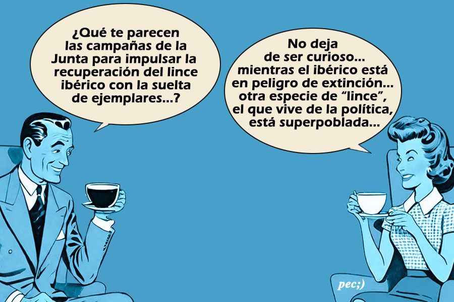 Ilustración de dos personas conversando sobre el lince ibérico.
