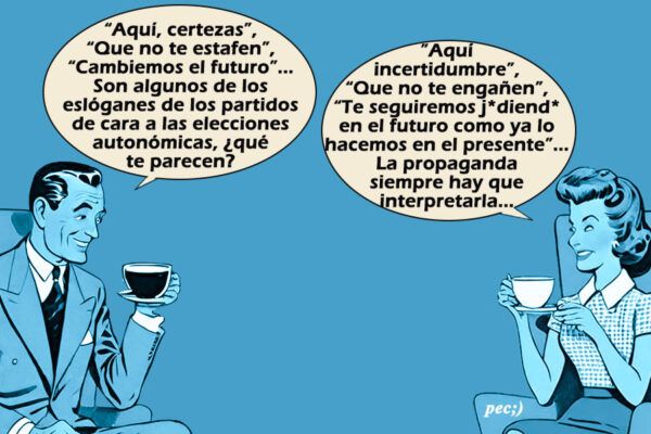 Ilustración de dos personas conversando sobre eslóganes políticos