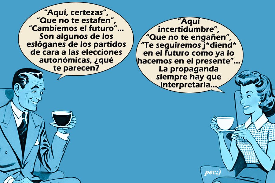 Ilustración de dos personas conversando sobre eslóganes políticos