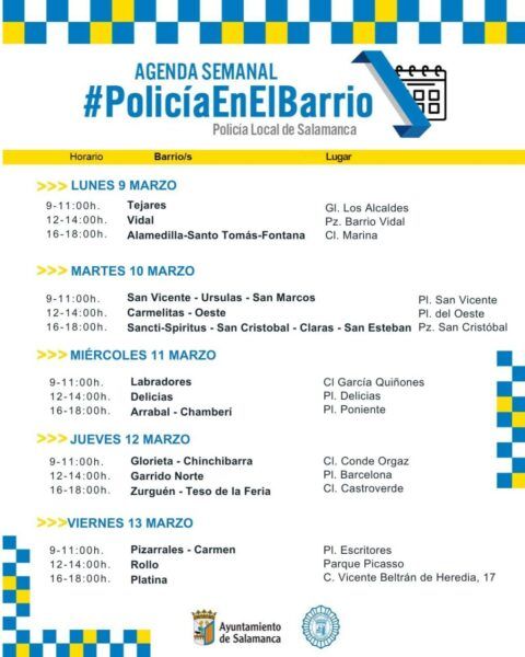 Agenda semanal de la Policía en el Barrio de Salamanca con horarios y lugares