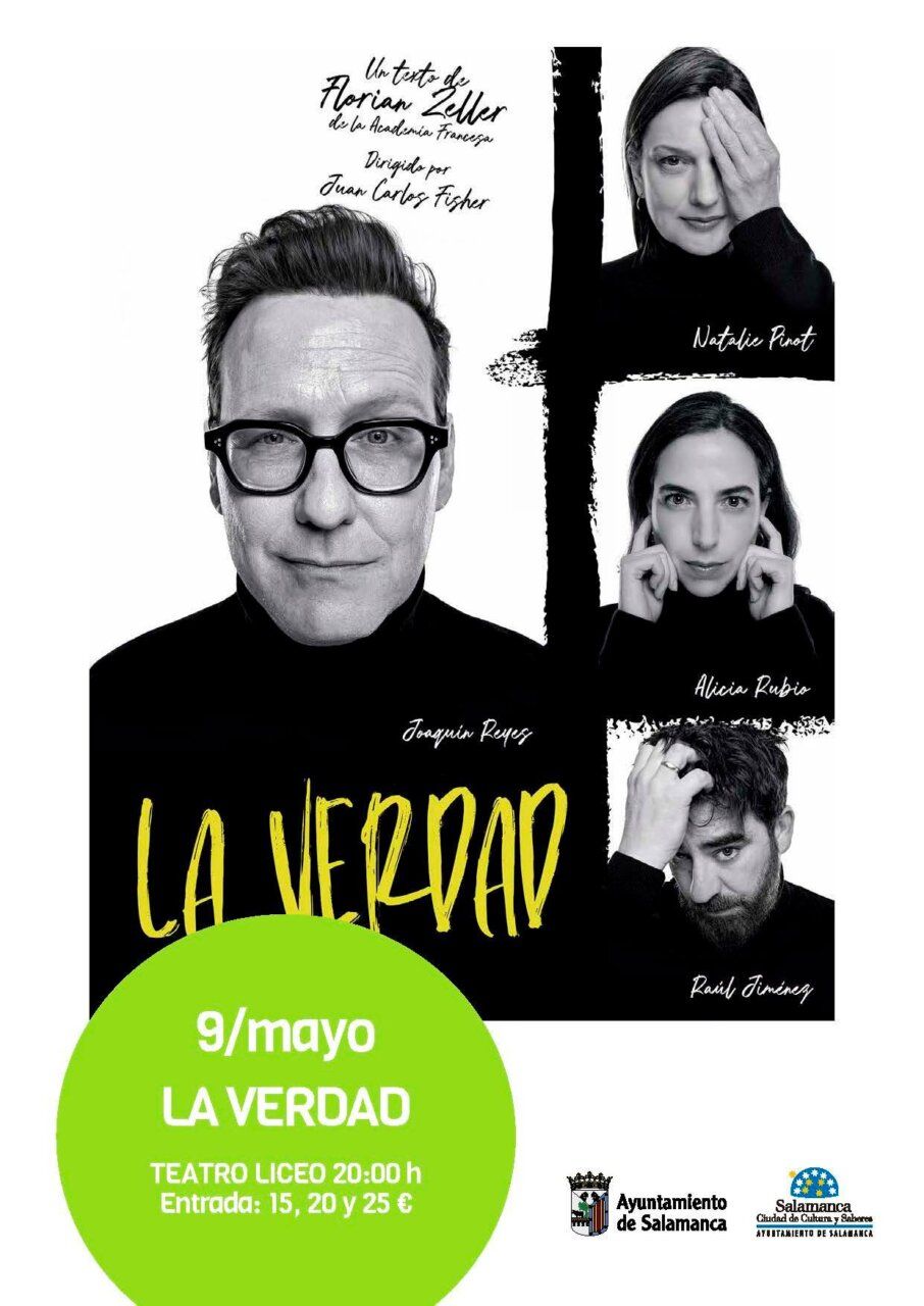 Cartel de la obra 'La Verdad' en Salamanca con actores destacados.
