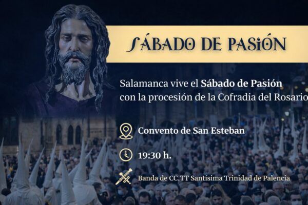 Imagen de la procesión del Sábado de Pasión en Salamanca con cofrades y música.