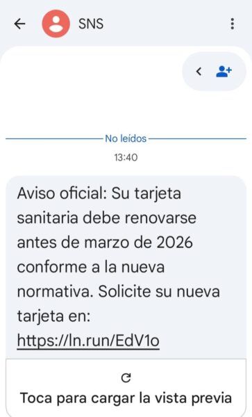 Mensaje SMS alertando sobre la renovación de tarjeta sanitaria fraudulenta