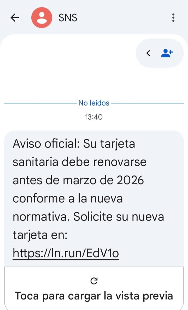 Mensaje SMS alertando sobre la renovación de tarjeta sanitaria fraudulenta