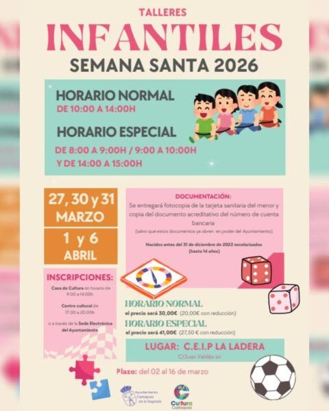Cartel de talleres infantiles para Semana Santa 2026 en Carbajosa de la Sagrada