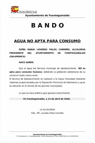Bando sobre agua no apta para consumo en Fuenteguinaldo