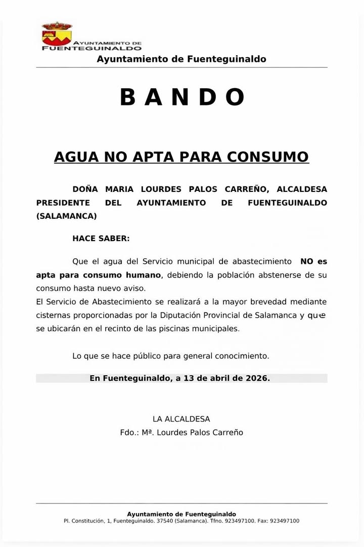 Bando sobre agua no apta para consumo en Fuenteguinaldo