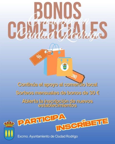 Cartel de la campaña Consume en Ciudad Rodrigo con información sobre bonos comerciales