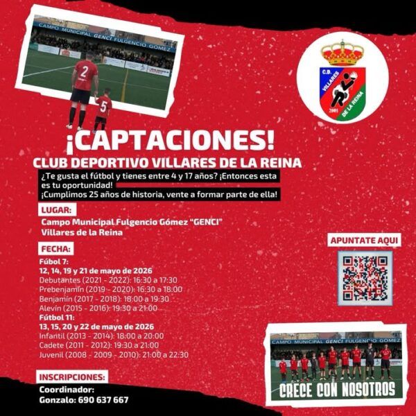 Cartel de captaciones de fútbol para la temporada 2026-2027 en Villares de la Reina