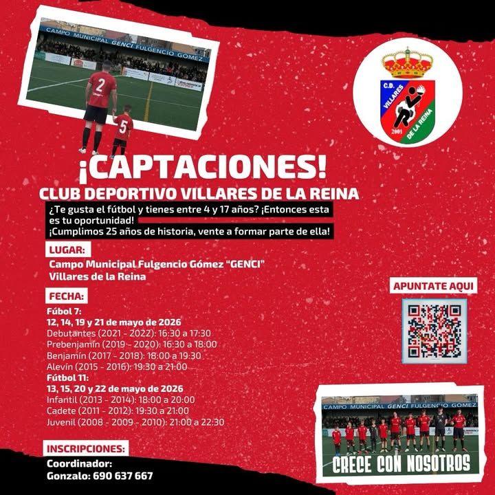Cartel de captaciones de fútbol para la temporada 2026-2027 en Villares de la Reina