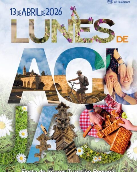 Cartel de la celebración del Lunes de Aguas en Salamanca con imágenes de tradición y gastronomía.