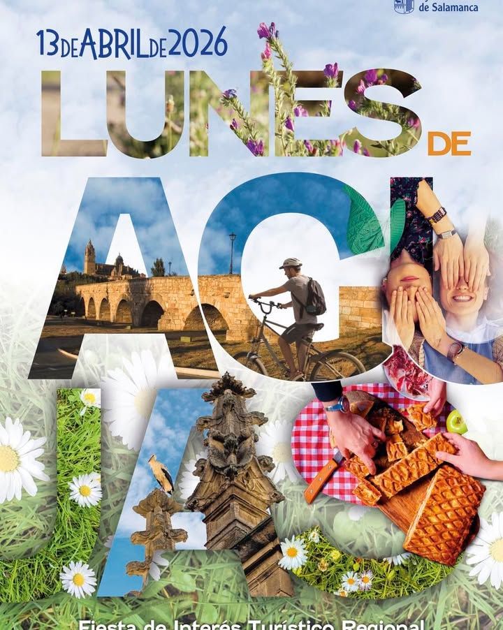 Cartel de la celebración del Lunes de Aguas en Salamanca con imágenes de tradición y gastronomía.
