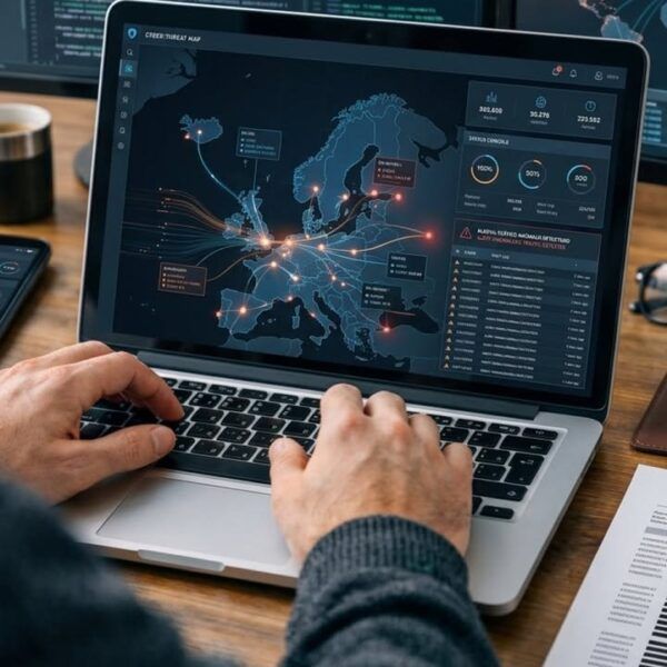 Persona utilizando un ordenador portátil con un mapa de amenazas cibernéticas