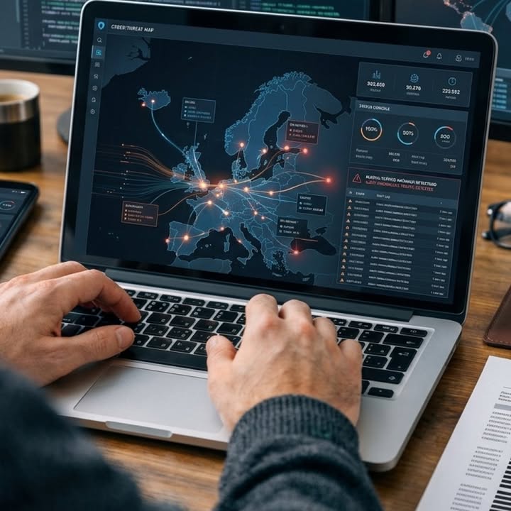 Persona utilizando un ordenador portátil con un mapa de amenazas cibernéticas