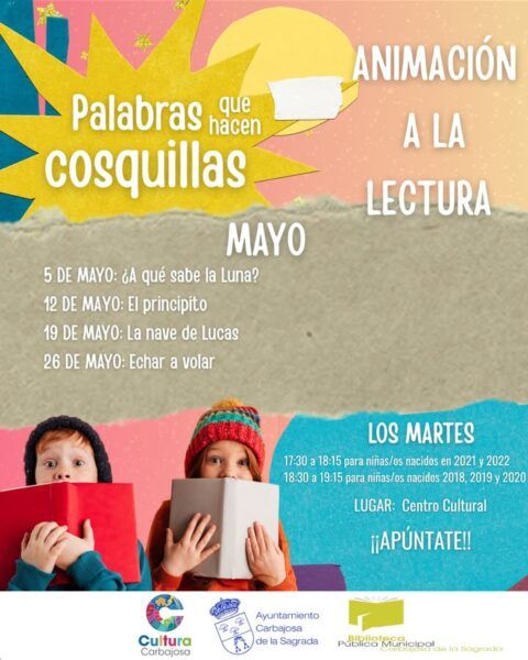 Cartel de cuentacuentos con niños y libros en un fondo colorido