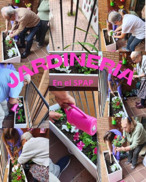 Personas cuidando un jardín en una actividad grupal al aire libre