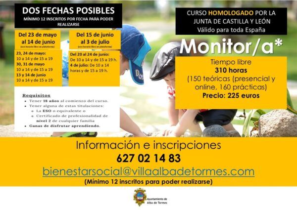 Cartel del curso de monitor/a de tiempo libre con fechas y requisitos