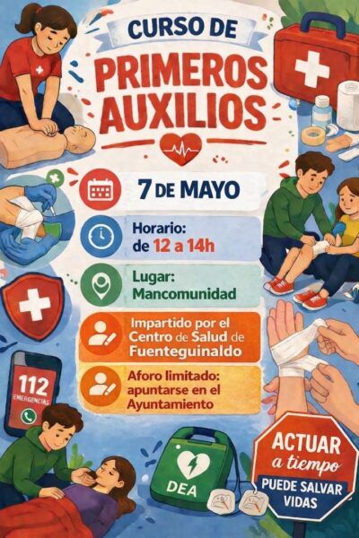 Cartel del curso de primeros auxilios con información sobre fechas y horarios
