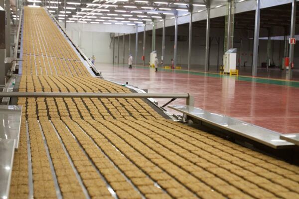 Cinta transportadora con galletas en una fábrica moderna