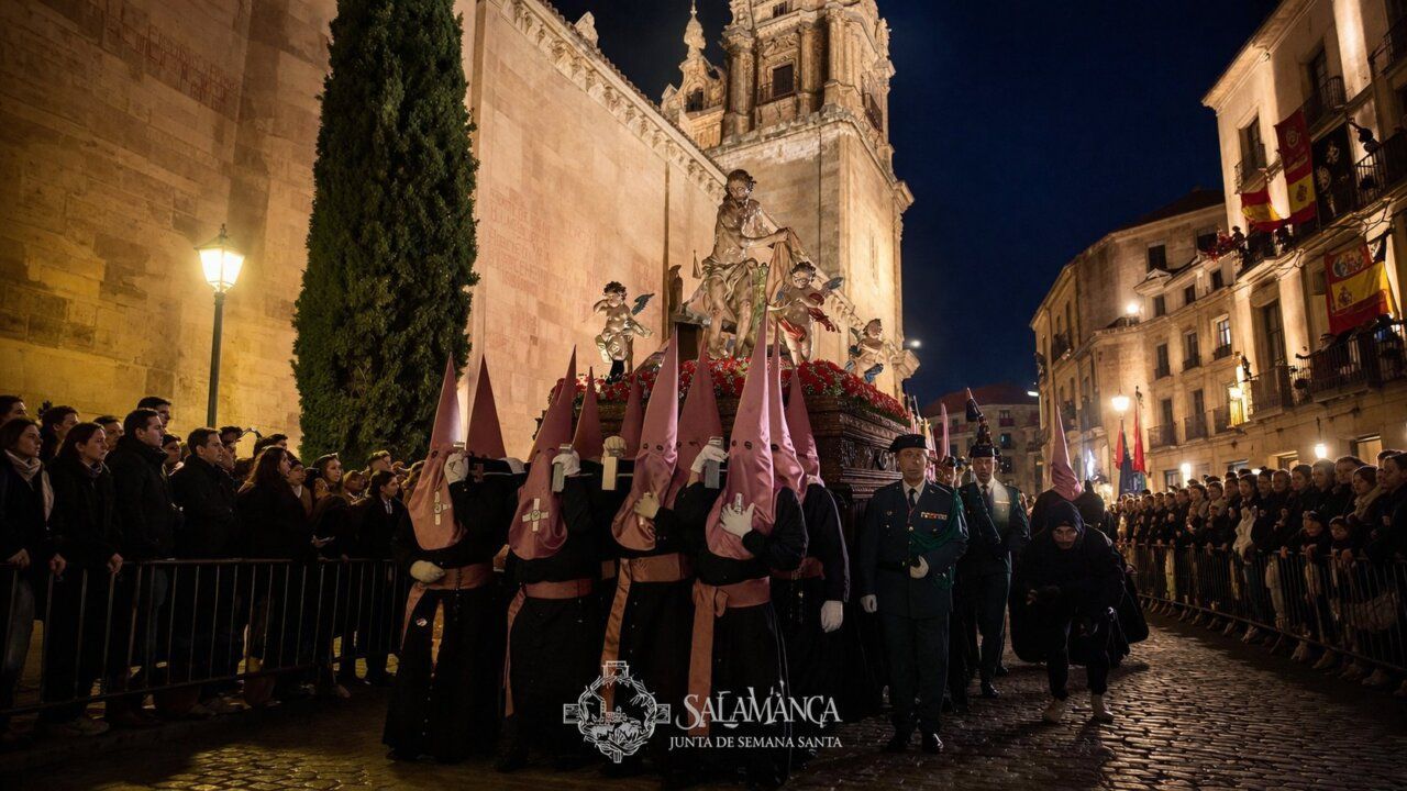 Procesión del Miércoles Santo en Salamanca con cofrades y público