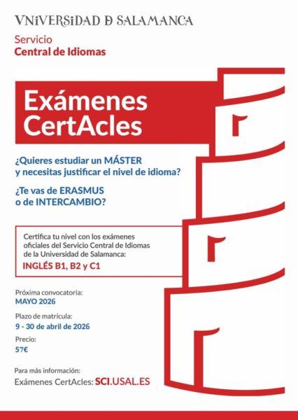 Cartel informativo sobre exámenes de certificación de inglés en la Universidad de Salamanca