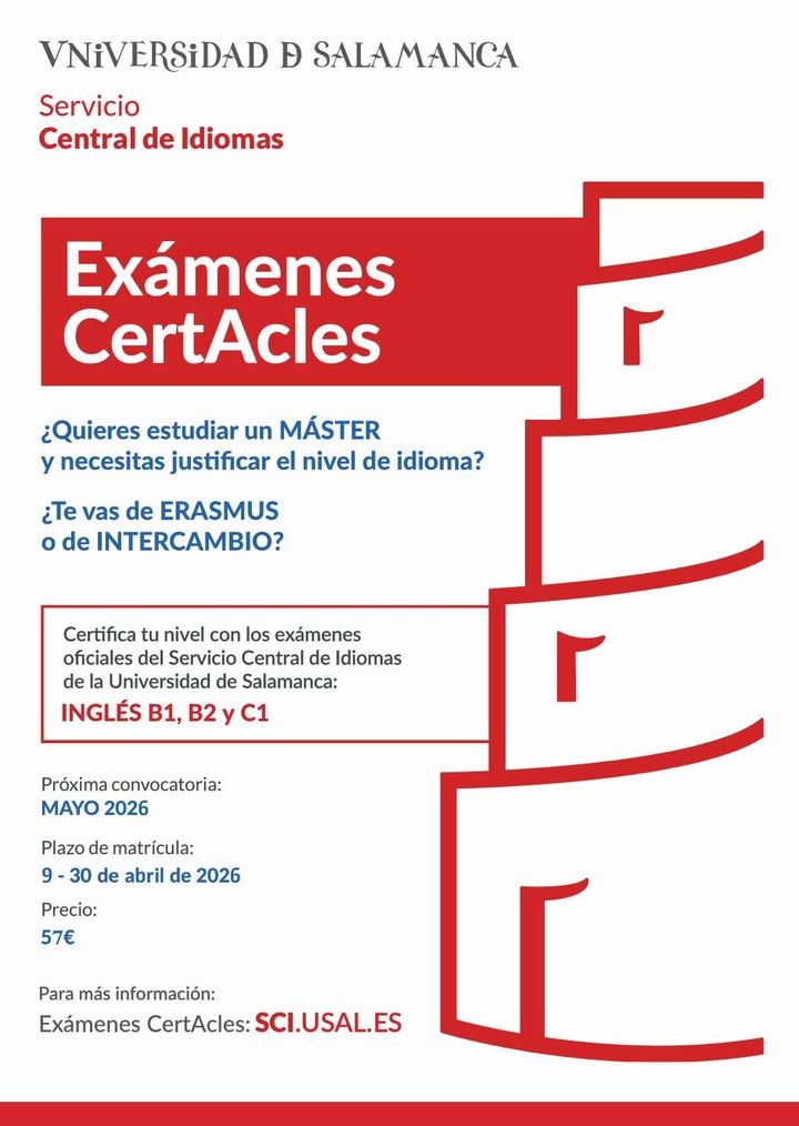 Cartel informativo sobre exámenes de certificación de inglés en la Universidad de Salamanca