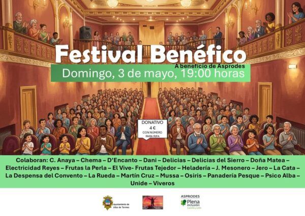 Cartel del festival benéfico de teatro en Alba de Tormes con público y colaboradores