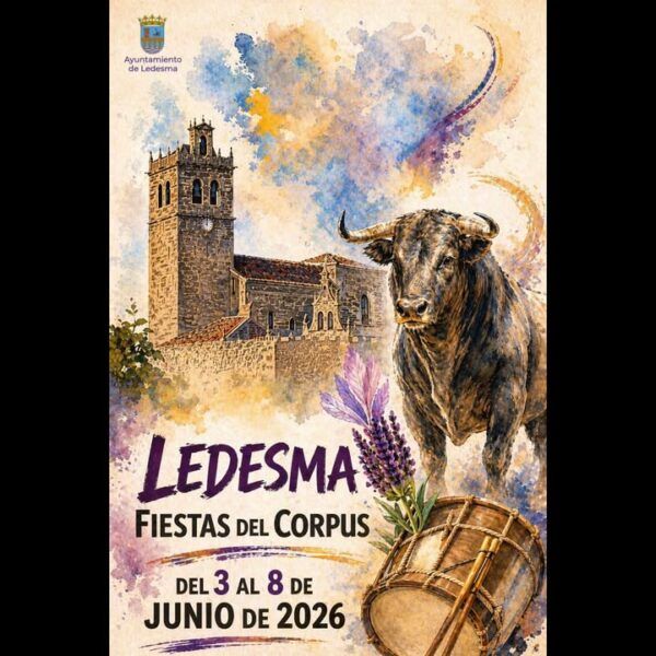 Cartel de las Fiestas del Corpus en Ledesma con un toro y la iglesia