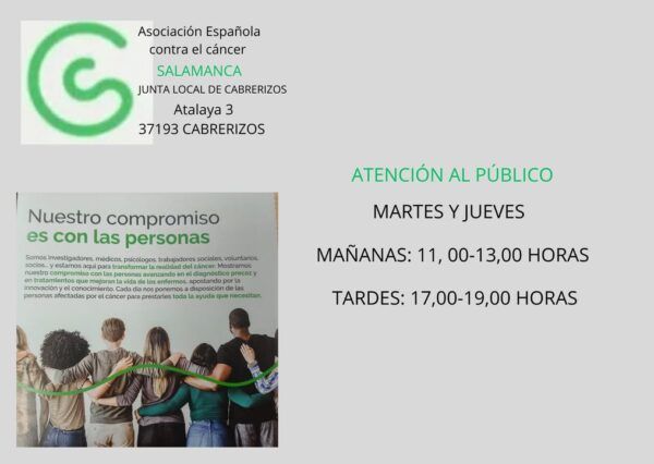 Horario de atención de la Asociación Española contra el Cáncer en Cabrerizos