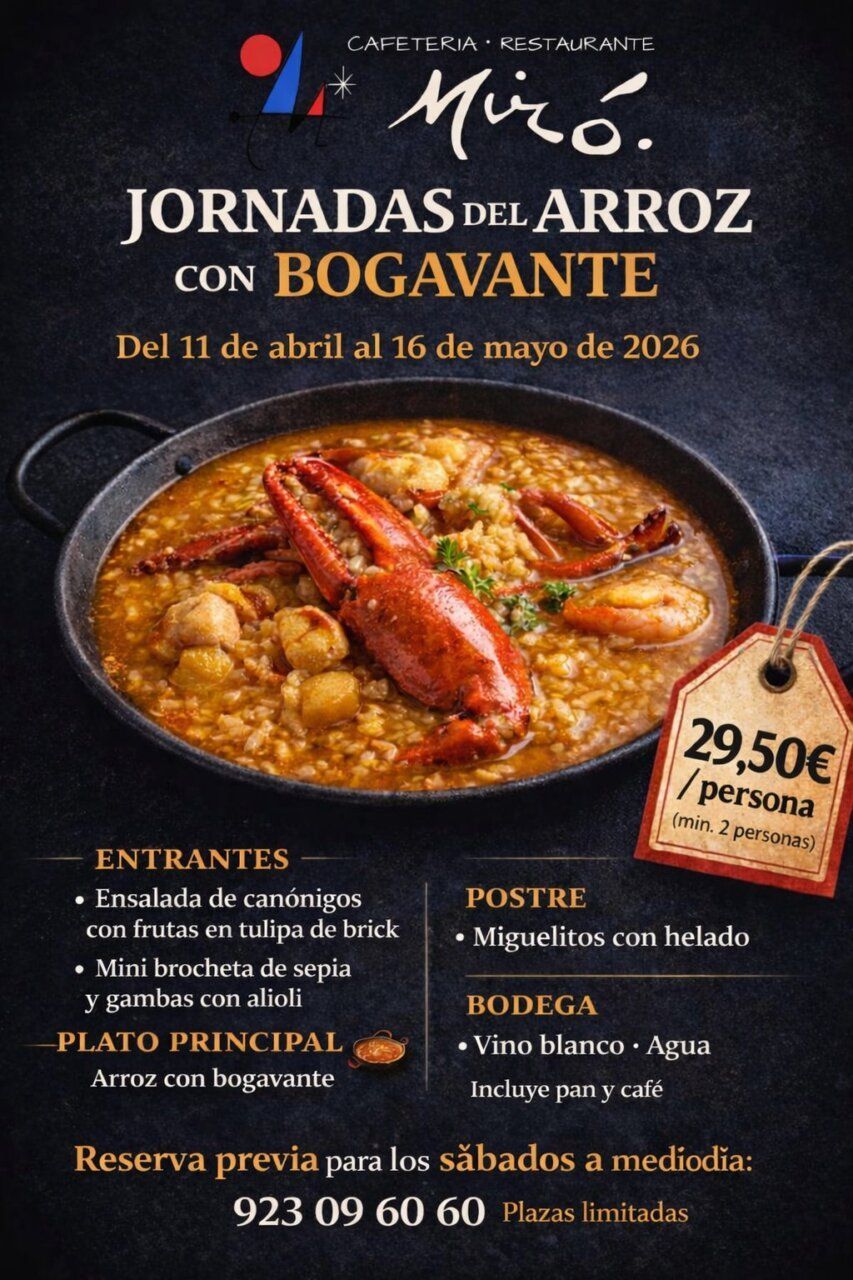 Plato de arroz con bogavante del Restaurante Miró con entrantes y postre.