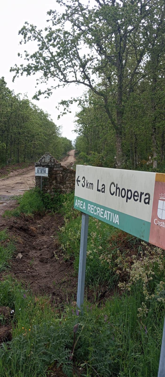 Señal de dirección hacia el área recreativa La Chopera en un camino mejorado